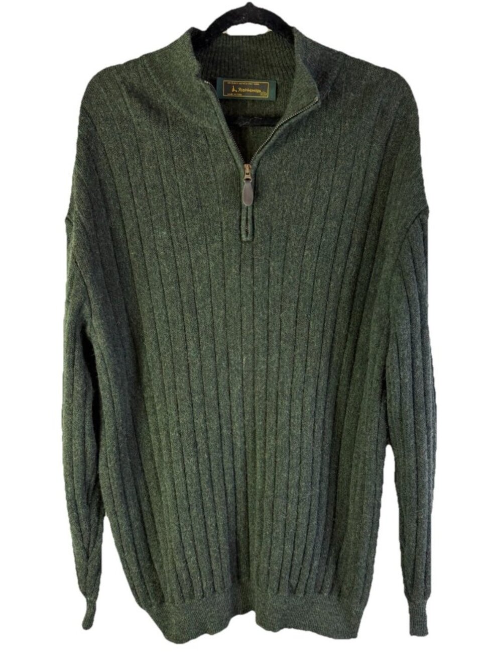 Peru Unlimited Alpaca Sweater Ribbed Knit Quarter Zip Green